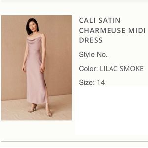 BHLDN, CALI SATIN CHARMEUSE MIDI DRESS, Size 14, NWT, Lilac Smoke